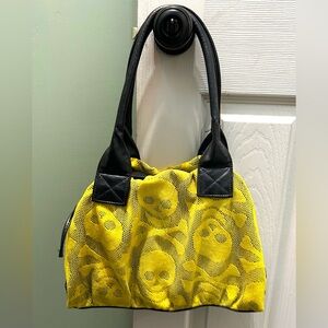 Bright Yellow Skull-Pattern Shoulder Bag with Faux Black Leather Accents